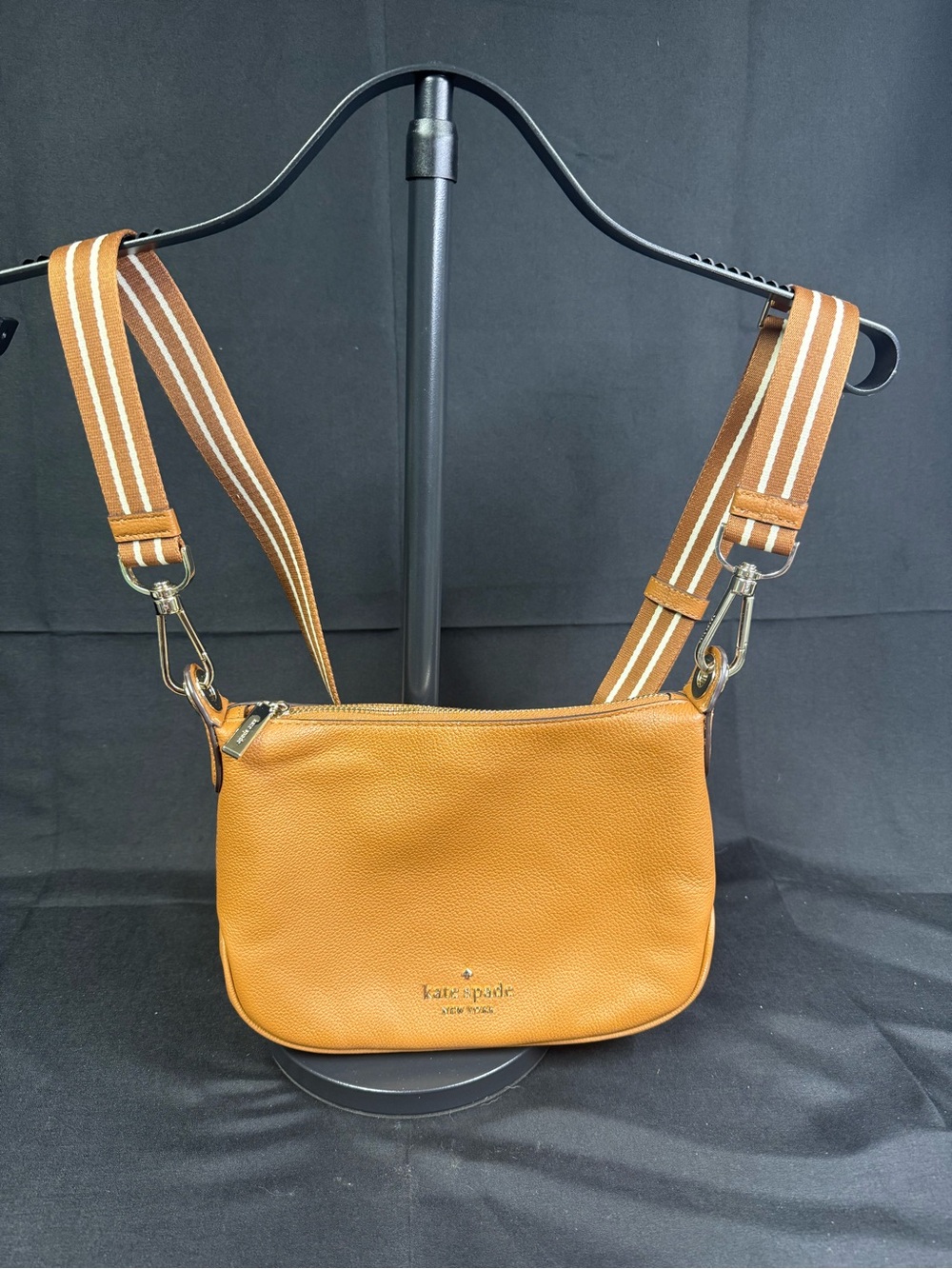 Kate Spade New York Tan Leather Crossbody Bag with Striped Strap